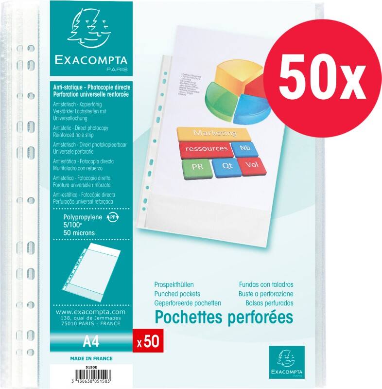 Pochettes perforées Exacompta A4 Granuleux Transparent 50 microns PP (Polypropylène) Ouverture par le haut 5150E 50 unités