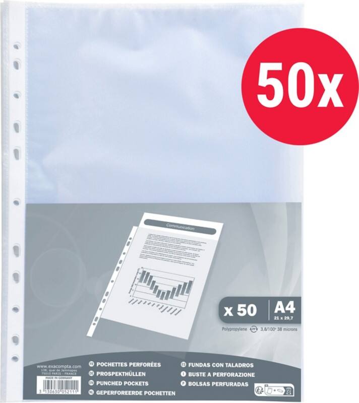 Pochettes perforées Exacompta A4 Granuleux Transparent 40 microns PP (Polypropylène) Ouverture par le haut 5211E 50 unités