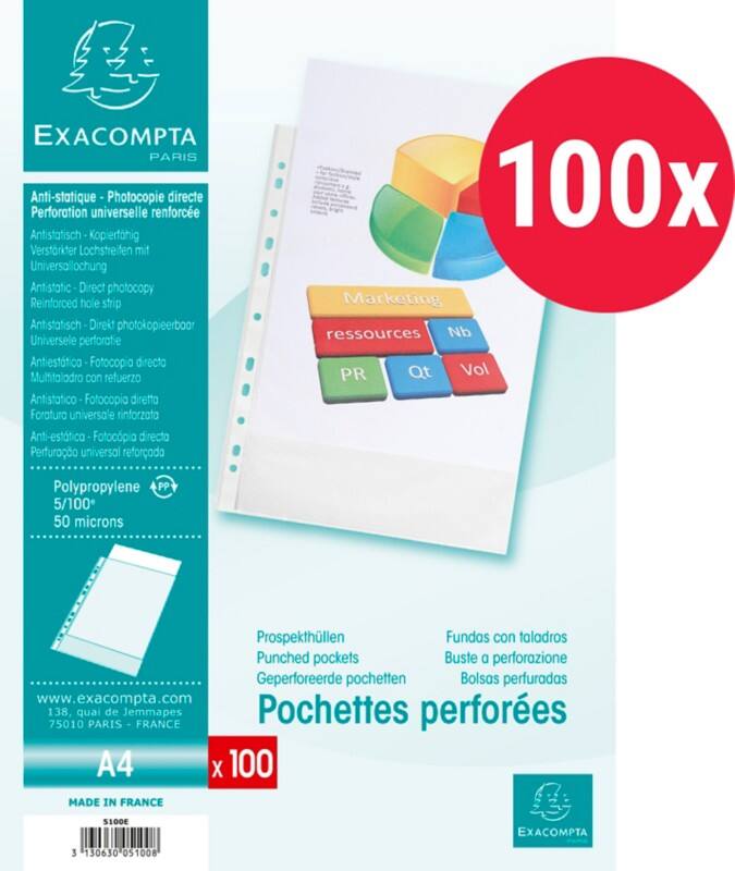 Pochettes perforées Exacompta A4 Granuleux Transparent 50 microns PP (Polypropylène) Ouverture par le haut 5100E 100 unités