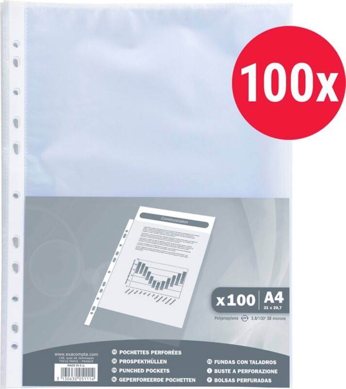 Pochettes perforées Exacompta A4 Granuleux Transparent 40 microns PP (Polypropylène) Ouverture par le haut 5111E 100 unités