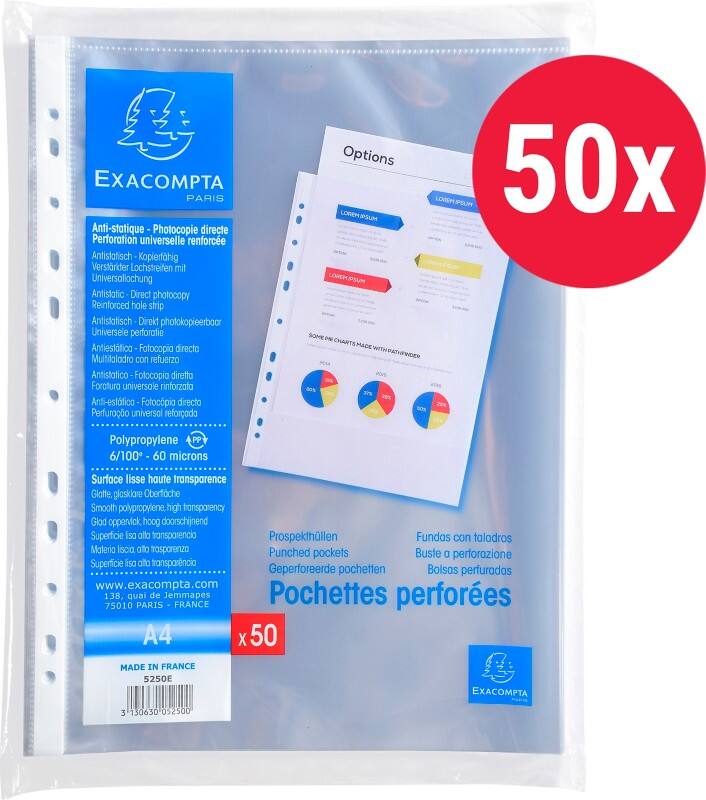 Pochettes perforées Exacompta A4 Lisse Transparent 60 microns PP (Polypropylène) Ouverture par le haut 5250E 50 unités
