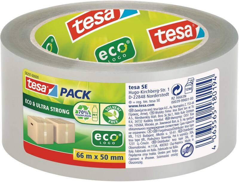 Ruban adhésif d'emballage tesa tesapack Eco & Ultra Strong Transparent 66 m x 50 mm PET (Polytéréphtalate d'éthylène)