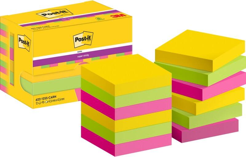 Notes Super Sticky Post-it 622-12SS-CARN 47,6 x 47,6 mm 90 notes par bloc Jaune, rose, vert Carré Vierge 12 unités
