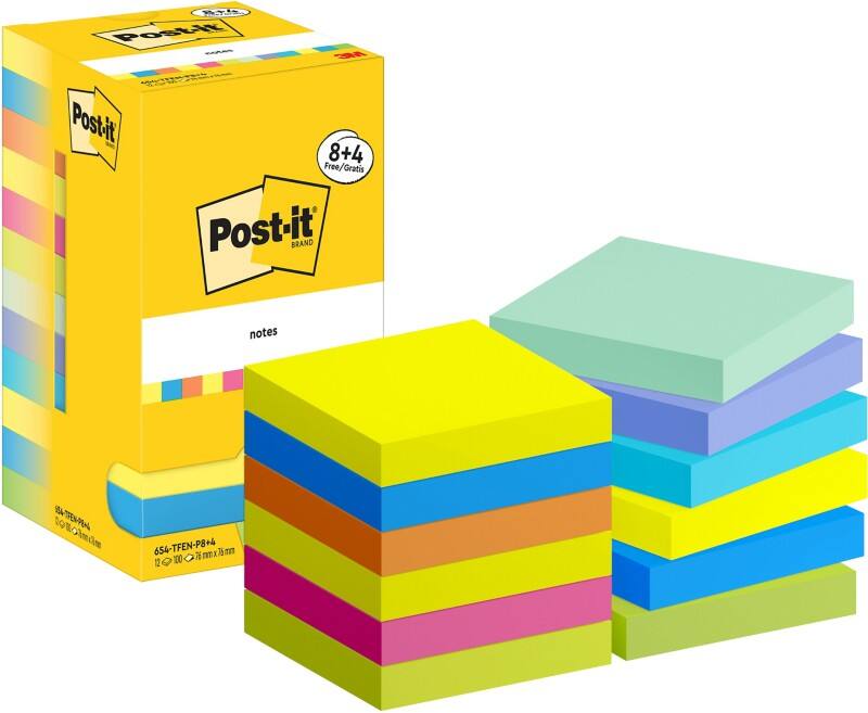 Notes adhésives Post-it Carré 76 x 76 mm Page blanche Assortiment 654-MX-P8/+4 100 100 feuilles Pack 8+4 gratuit