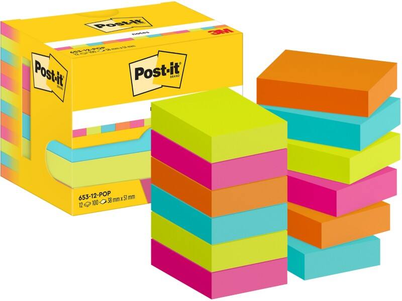 Notes adhésives Post-it 653-12-POP 38 x 51 mm 100 notes par bloc Bleu, orange, rose, vert 12 unités