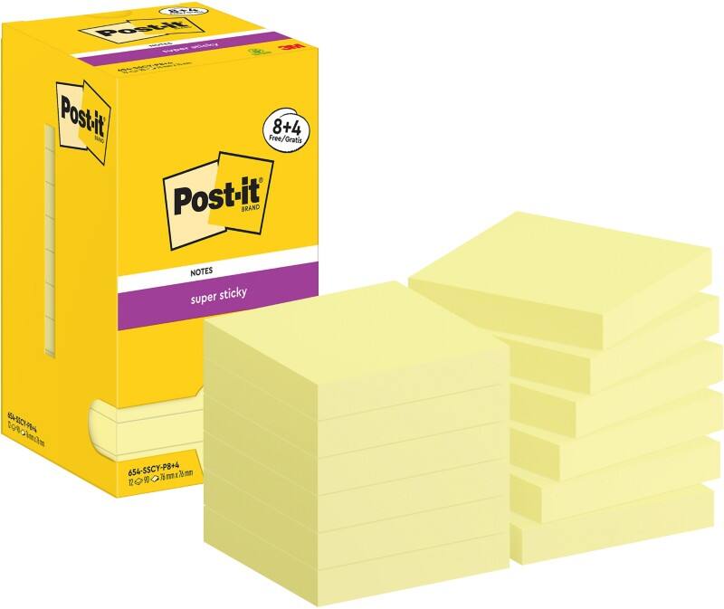 Notes Super Sticky Post-it Carré 76 x 76 mm Page blanche Jaune 654-SSCY-P8/+4 90 90 feuilles Pack économique 8+4 gratuit