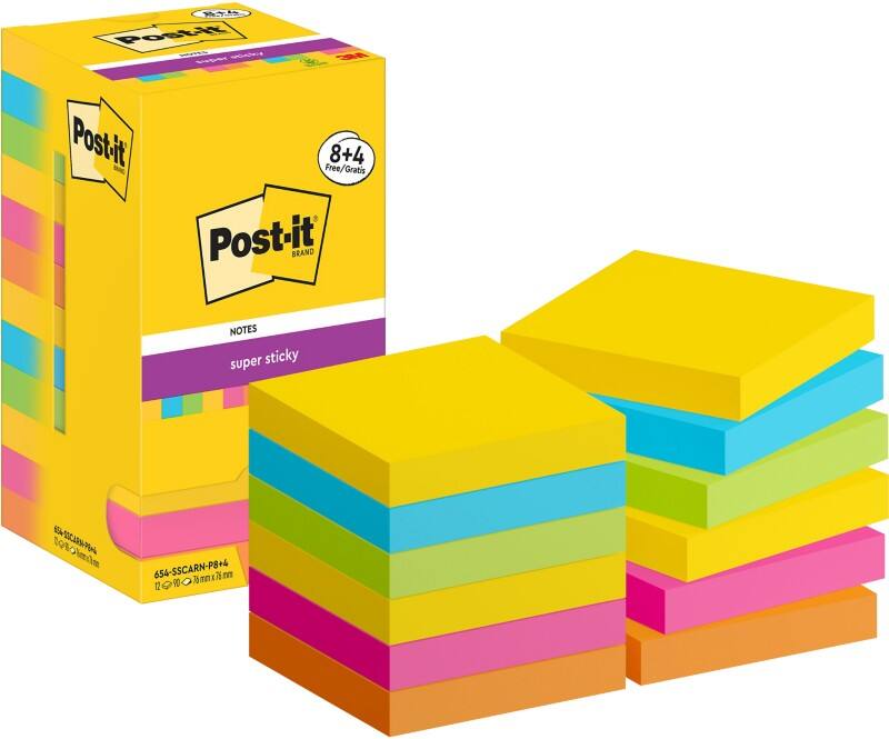 Notes Super Sticky Post-it Carnival Collection Carré 76 x 76 mm Page blanche Assortiment 654-SSCARN-P8/+4 90 feuilles Pack économique 8+4 gratuit