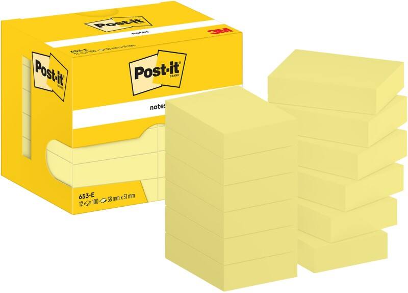 Notes adhésives Post-it 653-E 38 x 51 mm 100 notes par bloc Jaune 12 unités
