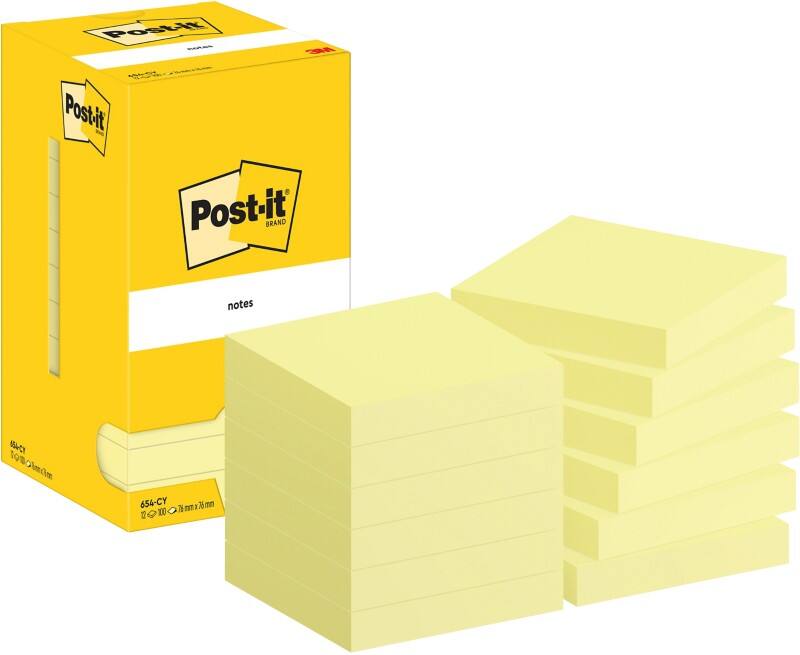 Notes adhésives Post-it 654-CY 76 x 76 mm 100 notes par bloc Jaune 12 unités