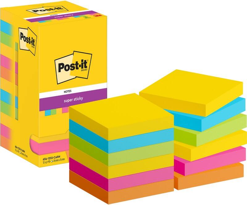 Notes Super Sticky Post-it 654-12SS-CARN 76 x 76 mm 90 notes par bloc Bleu, jaune, orange, rose, vert Carré Vierge 12 unités