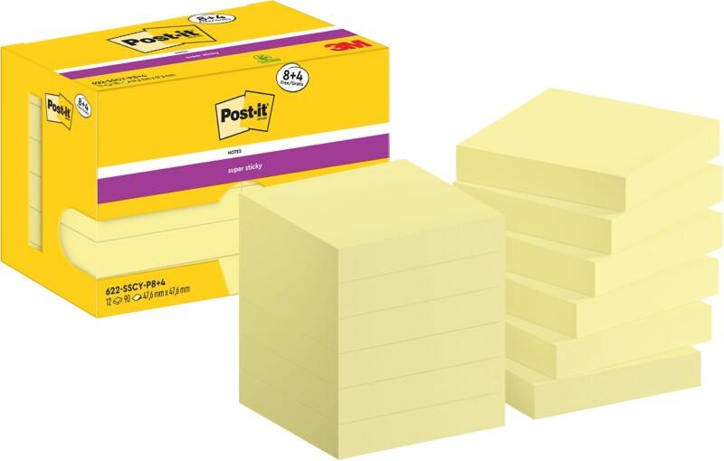 Notes Super Sticky Post-it Carré 47,6 x 47,6 mm Page blanche Jaune 622-SSCY-P8/+4 90 feuilles Pack économique 8+4 gratuit