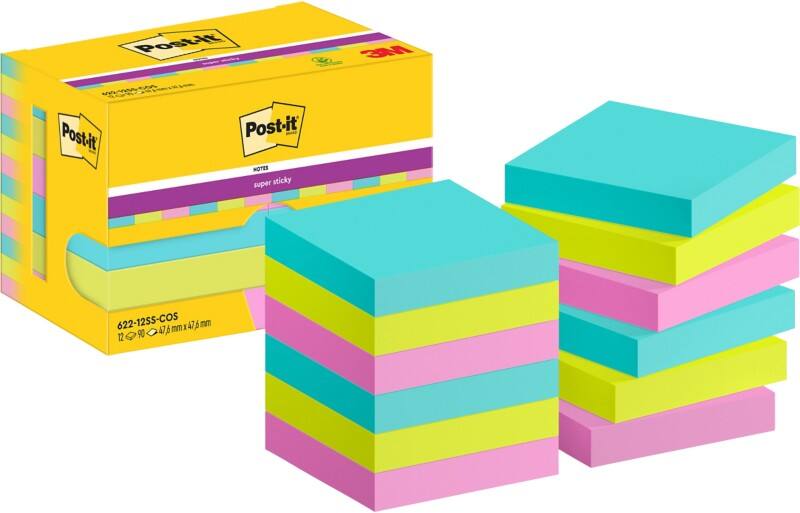 Notes Super Sticky Post-it 622-12SS-COS 47,6 x 76 mm 90 notes par bloc Rose, turquoise, vert Carré Vierge 12 unités