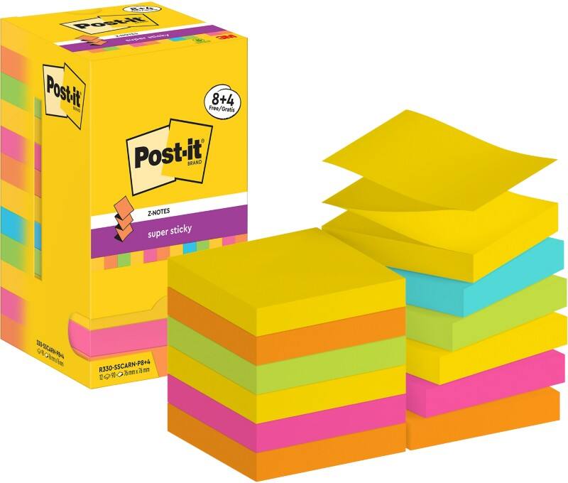 Z-Notes Super Sticky Post-it R330-SSCARN-P8+4 76 x 76 mm 90 notes par bloc Bleu, jaune, orange, rose, vert 12 unités (8+4 gratuits)