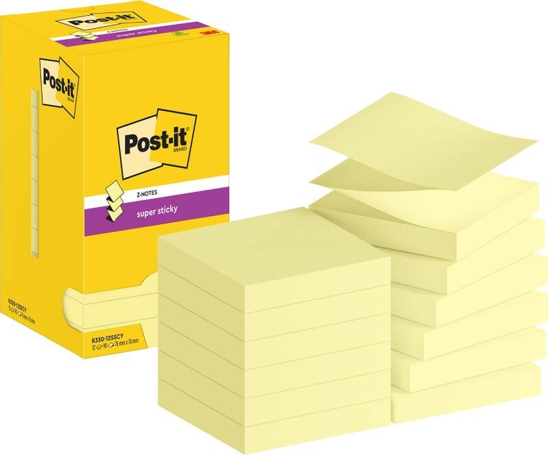 Z-Notes Super Sticky Post-it R330-12SSCY CY 76 x 76 mm 90 notes par bloc Jaune 12 unités