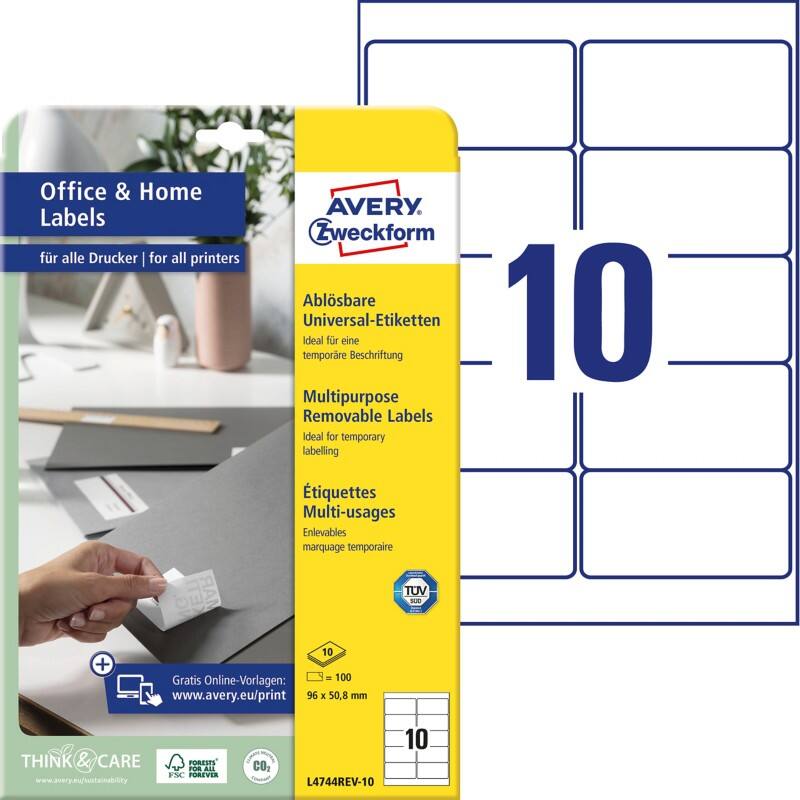 Étiquettes multifonctions Avery L4744REV-10 Adhésif A4 Blanc 9,6 x 32,7 x 5,08 cm 10 Feuilles de 10 Étiquettes