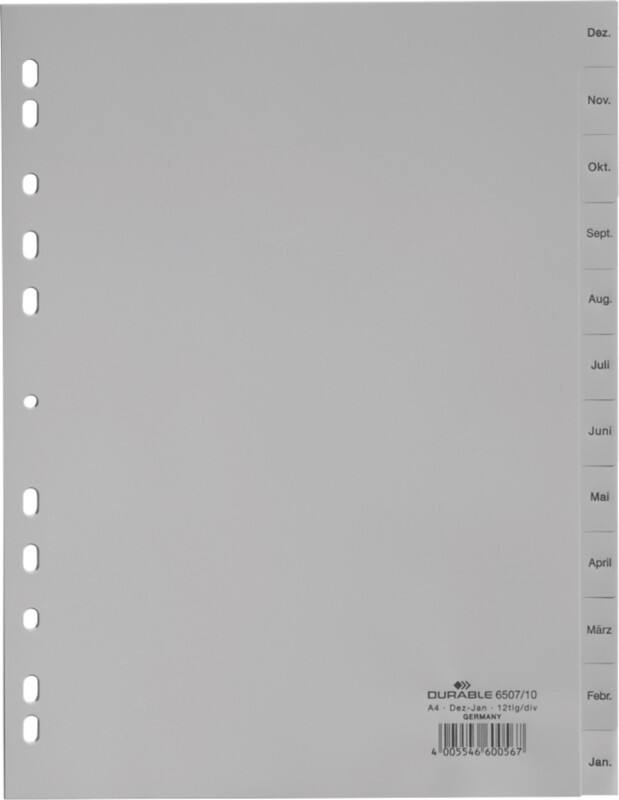 Intercalaires mensuels Déc à Jan DURABLE A4 Gris 12 intercalaires PP (Polypropylène) 11 Perforations 6507