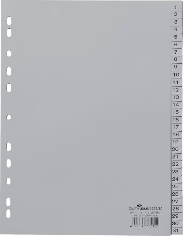 Intercalaires numériques 1 à 31 DURABLE A4 Gris 31 intercalaires PP (Polypropylène) 11 Perforations 6523