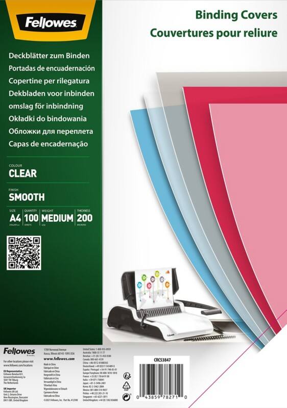 Couverture pour reliure Fellowes A4 200 microns PET (Polytéréphtalate d'éthylène) Transparent 100 Unités