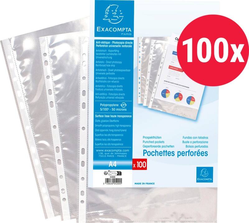 Pochettes perforées Exacompta A4 Transparent 60 microns PP (Polypropylène) Ouverture par le haut 5200E 100 unités