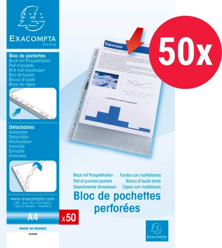 Pochettes perforées Exacompta A4 Transparent 50 microns PP (Polypropylène) Ouverture par le haut 31048E 50 unités