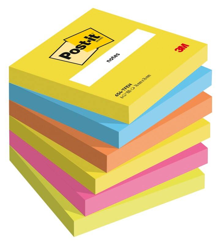 Notes adhésives Post-it 654-TFEN Carré 76 x 76 mm Assortiment 6 blocs de 100 feuilles