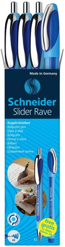 Stylo-bille Schneider SLIDER Rave + Memo 132574 Bleu Extra large Bille Rechargeable 3 Unités