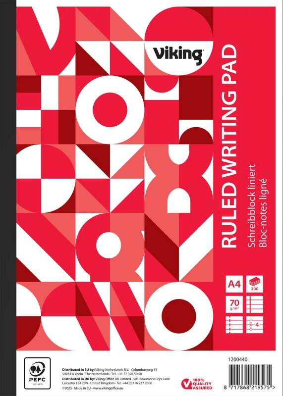 Bloc-notes Viking A4 Ligné Collé Reliure latérale Papier Couverture souple Rouge Sans perforation 400 Pages 5 Unités