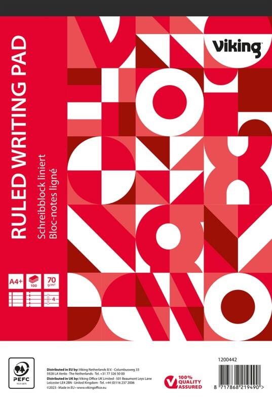 Bloc-notes Viking A4+ Ligné Collé Reliure latérale Papier Couverture souple Rouge Perforé 200 Pages 5 Unités