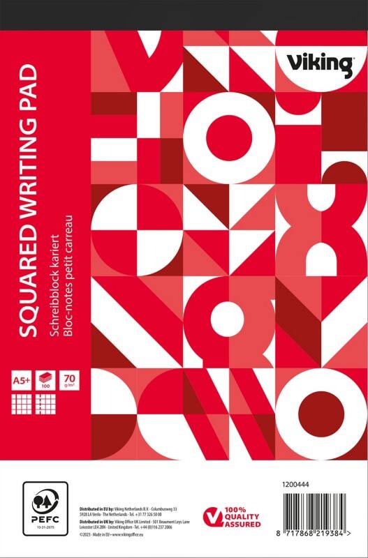 Bloc-notes Viking A5+ Quadrillé Agrafées Reliure supérieure Papier Couverture souple Rouge Sans perforation 200 Pages 5 Unités