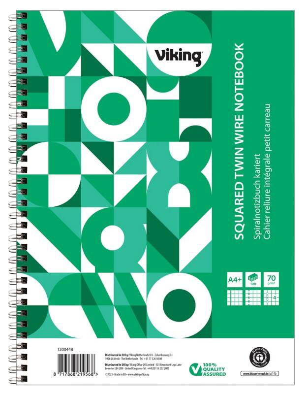 Cahier Viking A4+ Quadrillé Reliure à double fil Reliure latérale Papier Couverture souple Vert Perforé 200 Pages