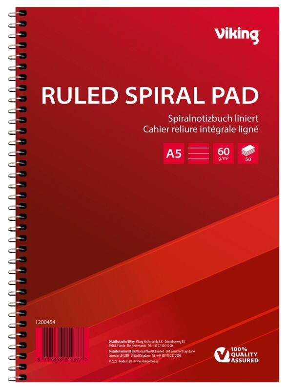 Cahier Viking A5 Ligné Reliure spirale Reliure latérale Papier Couverture souple Rouge Perforé 100 Pages 5 Unités