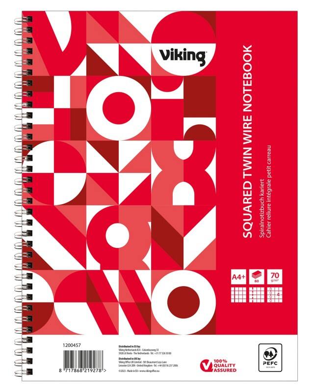 Cahier Viking A4+ Quadrillé Reliure à double fil Reliure latérale Papier Couverture souple Rouge Perforé 160 Pages 5 Unités