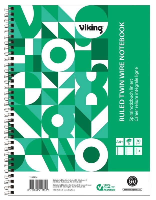 Cahier Viking A4+ Ligné Reliure à double fil Reliure latérale Papier Couverture souple Vert Perforé 160 Pages