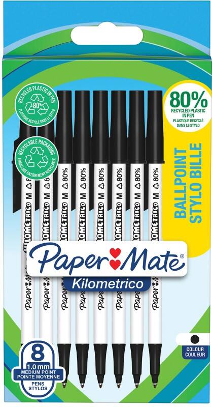 Stylo-bille Papermate Kilometrico Noir 0,7 mm Moyen Bille 8 Unités