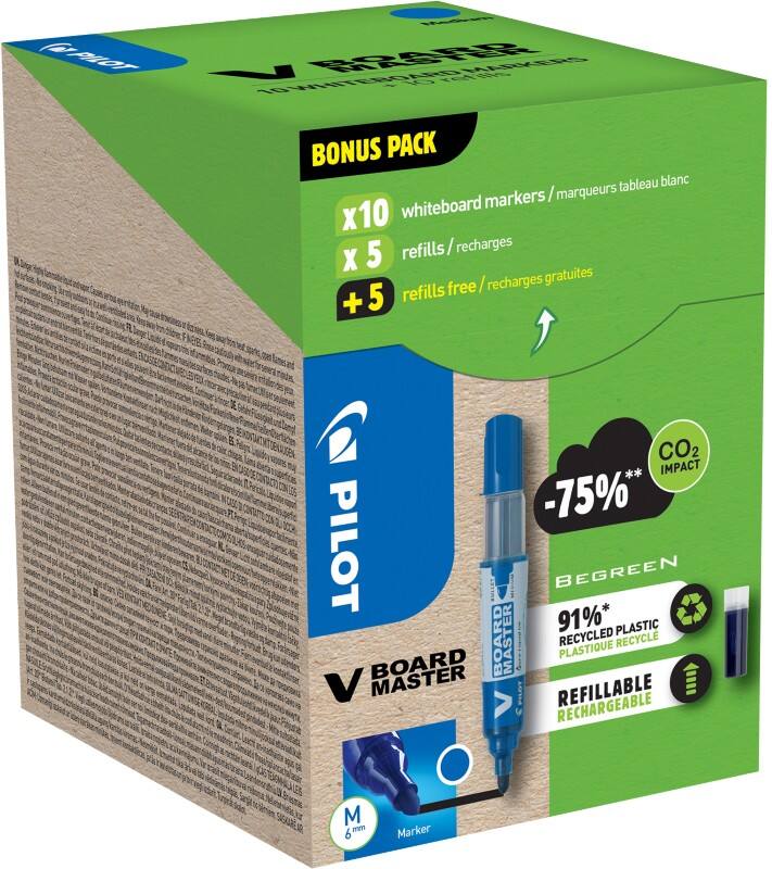 Marqueur pour tableau blanc Pilot Greenpack Bleu Pointe Ogive 2,3 mm Lot de 10 marqueurs et 10 recharges