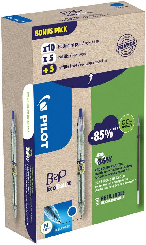 Stylo-bille Pilot B2P Ecoball Pointe Moyenne 0,4 mm Bleu Lot de 10 stylos et 10 recharges
