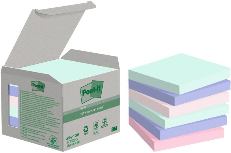 Notes adhésives Post-it Recycled Assortiment Pastel 76 x 76 mm 100 feuilles Paquet de 6