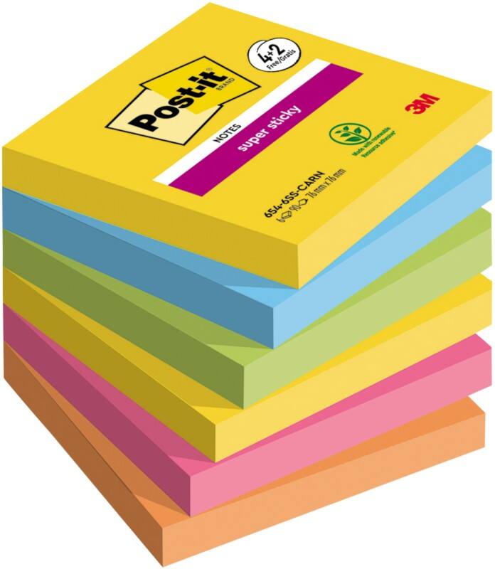 Notes Super Sticky Post-it 76 x 76 mm Couleurs Carnival 90 Feuilles Pack économique 4 blocs + 2 GRATUITS