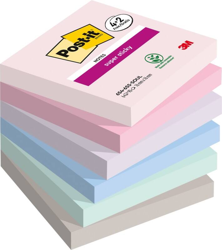 Notes Super Sticky Post-it Soulful 76 x 76 mm Couleurs Soulful 90 Feuilles Pack économique 4 blocs + 2 GRATUITS