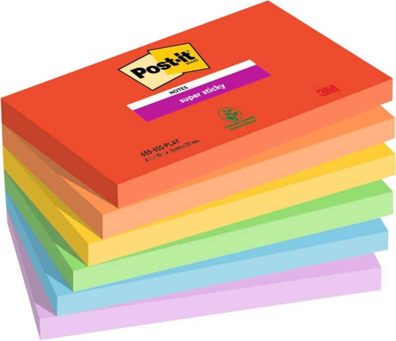 Notes adhésives Post-it Super Sticky Assortiment Vierge Rectangulaire 76 x 127 mm 6 x 90 notes