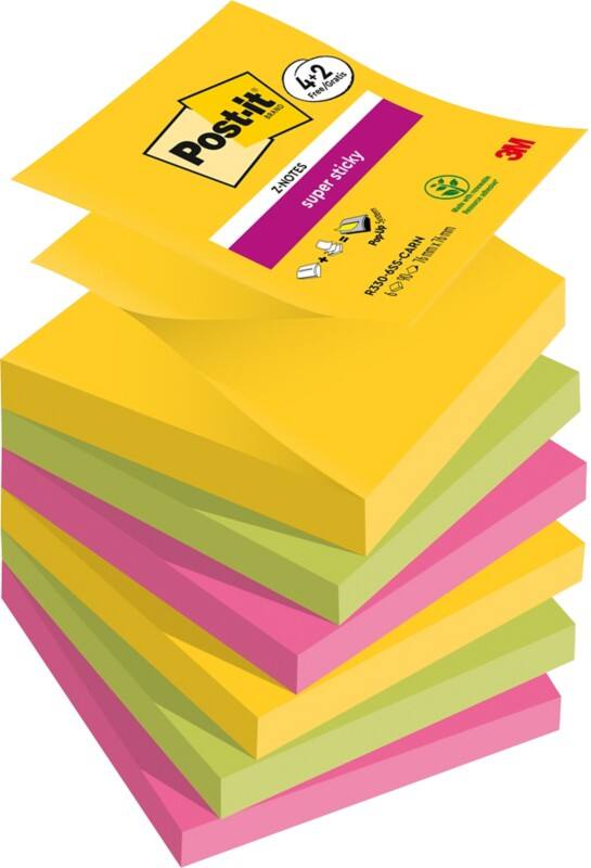 Z-Notes Super Sticky Post-it 76 x 76 mm Couleurs Carnival 90 Feuilles Pack économique 4 blocs + 2 GRATUITS