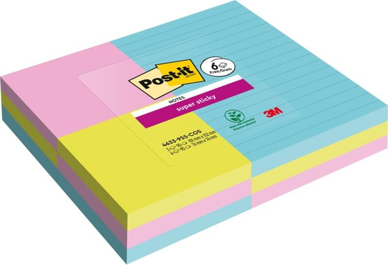 Notes Super Sticky Post-it Couleurs Cosmic Assortiment 90 Feuilles Pack avantage: 3 blocs 101 x 152 mm + 6 blocs 76 x 76 mm GRATUITS