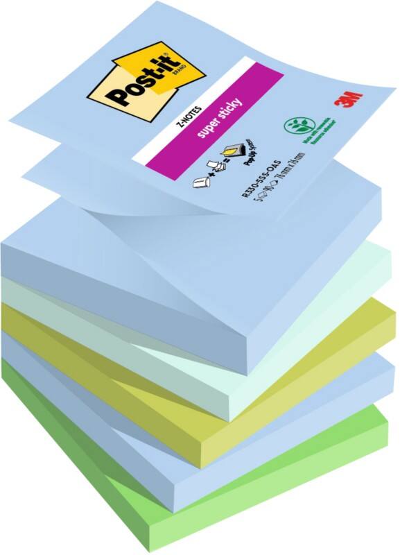 Z-Notes Super Sticky Post-it Oasis Carré 76 x 76 mm Page blanche Bleu, vert R330-5SS-OAS 90 5 Unités de 90 Feuilles