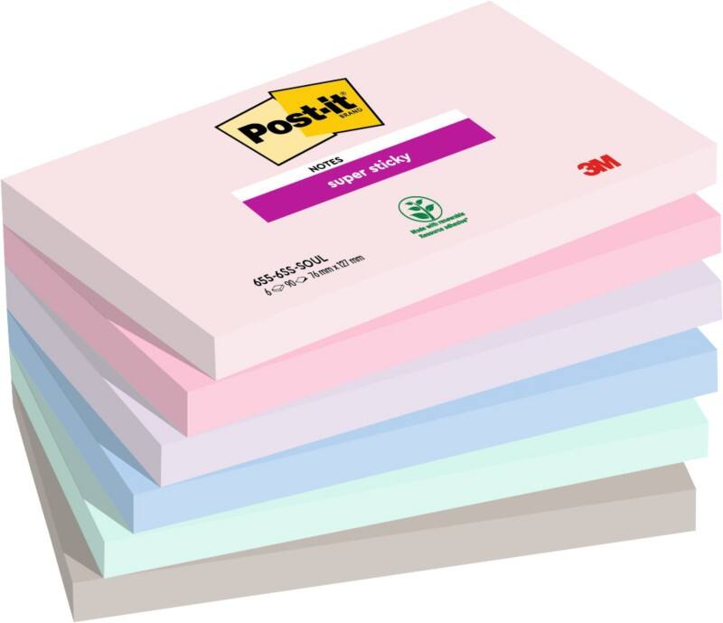 Notes adhésives Post-it Super Sticky Bleu, gris, lavande, rose, vert Vierge Rectangulaire 76 x 127 mm 6 x 90 notes