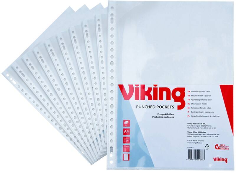 Pochettes perforées Viking A4 Transparent 110 microns PP (Polypropylène) Ouverture par le haut 23 perforations 25 unités