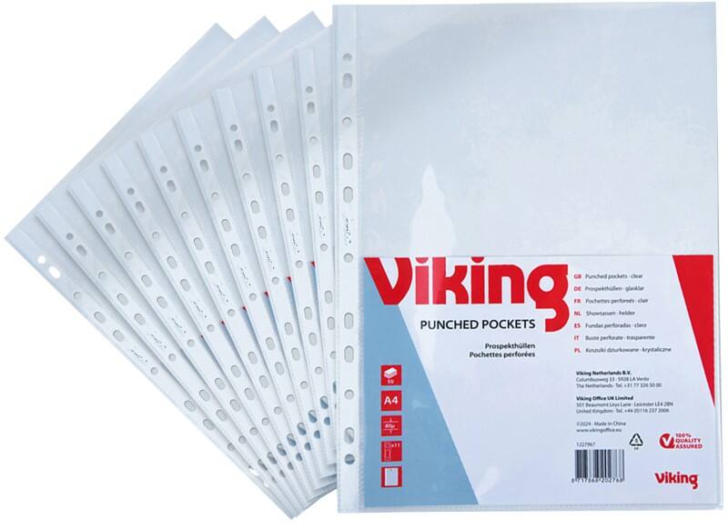 Pochettes perforées Viking A4 Transparent 80 microns PP (Polypropylène) Ouverture par le haut 11 perforations 50 unités