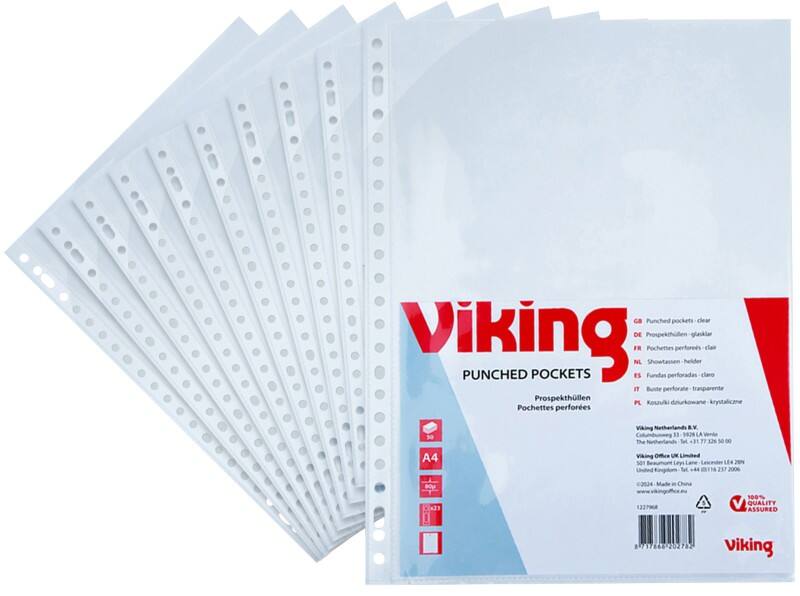 Pochettes perforées Viking A4 Transparent 80 microns PP (Polypropylène) Ouverture par le haut 23 perforations 50 unités