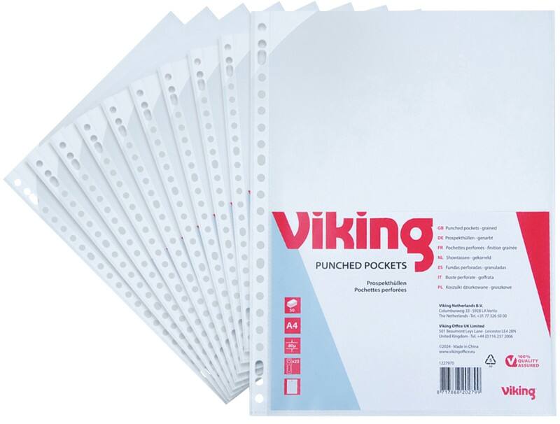 Pochettes perforées Viking A4 Granuleux Transparent 80 microns PP (Polypropylène) Ouverture par le haut 23 perforations 50 unités
