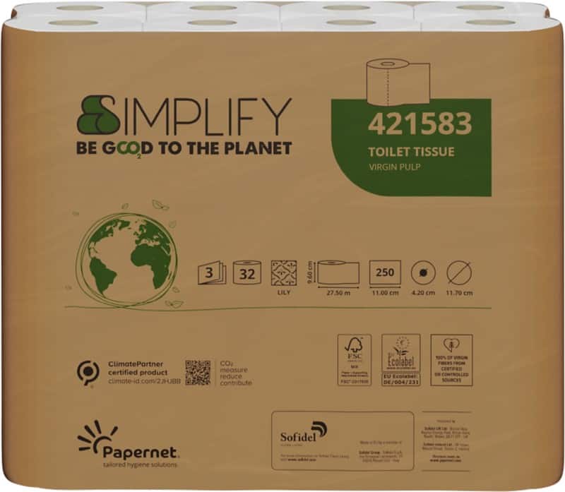 Papier toilette Papernet Simplify 3 épaisseurs Blanc 32 unités de 250 feuilles