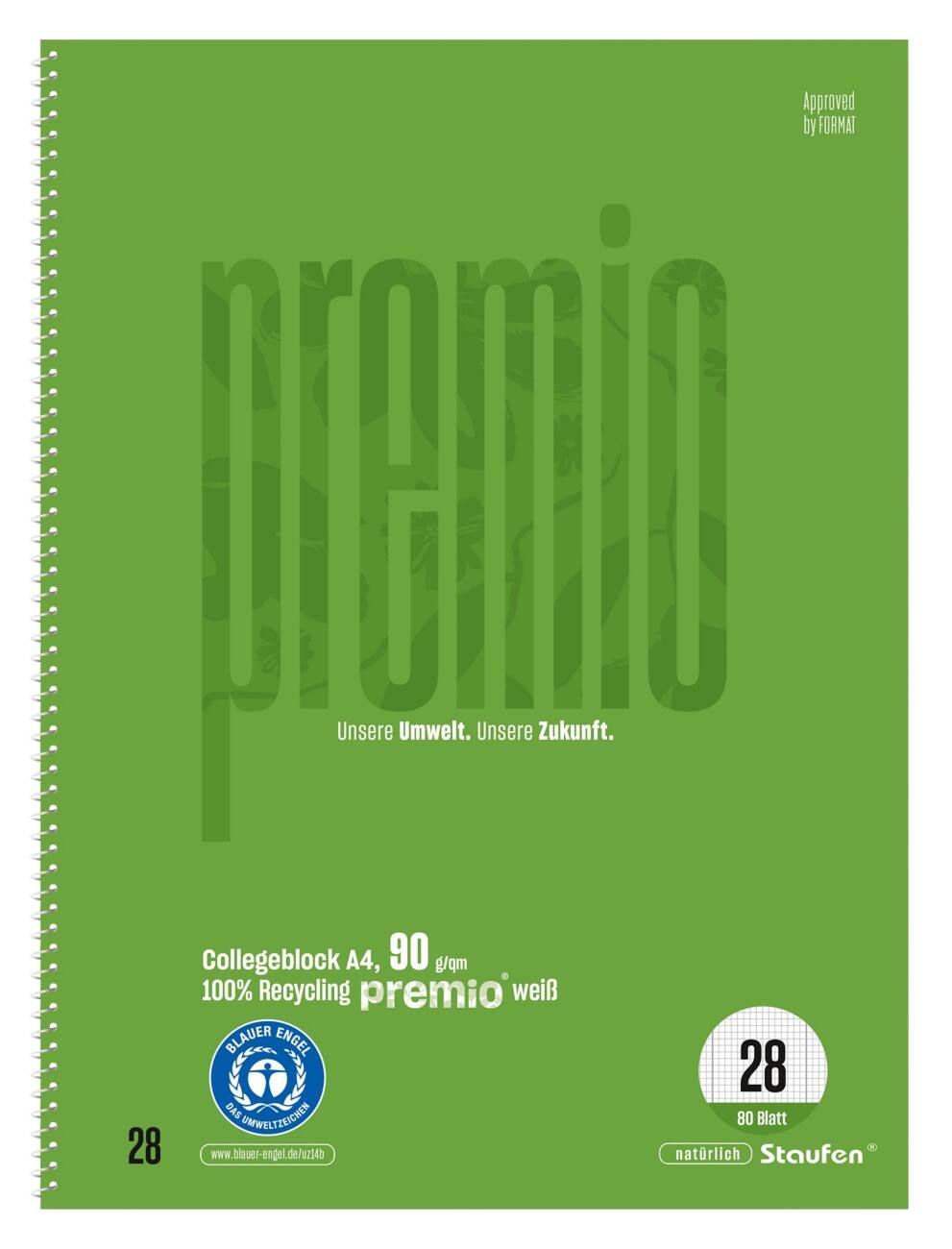 Cahier Premio Vert Lin28 A4 80 feuilles 90 g/m² Vert 5 mm Quadrillé 4 perforations